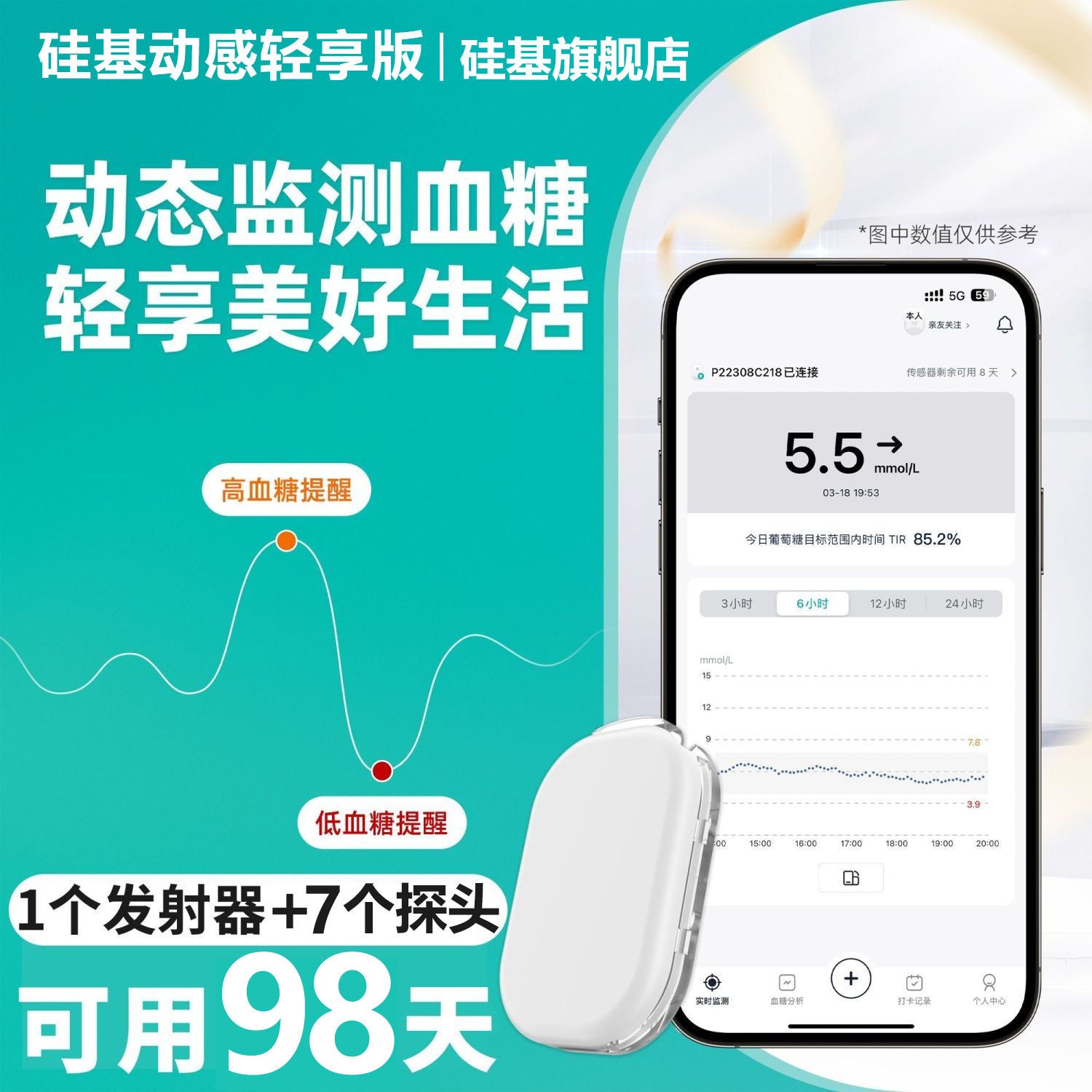 硅基輕享版血糖儀家用24小時監控血糖7枚裝